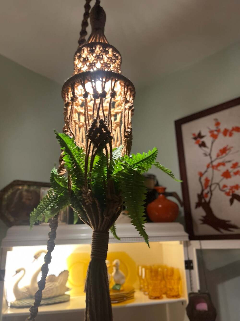 Vintage 1970s Boho Macrame Hanging Lighted Plant Hanger